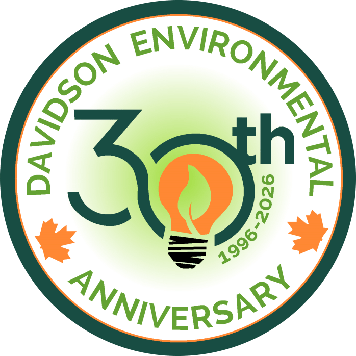Davidson Environmental's 30th Anniversary logo, featuring a lightbulb and leaf design, celebrating 1996-2026 with autumn leaves incorporated.