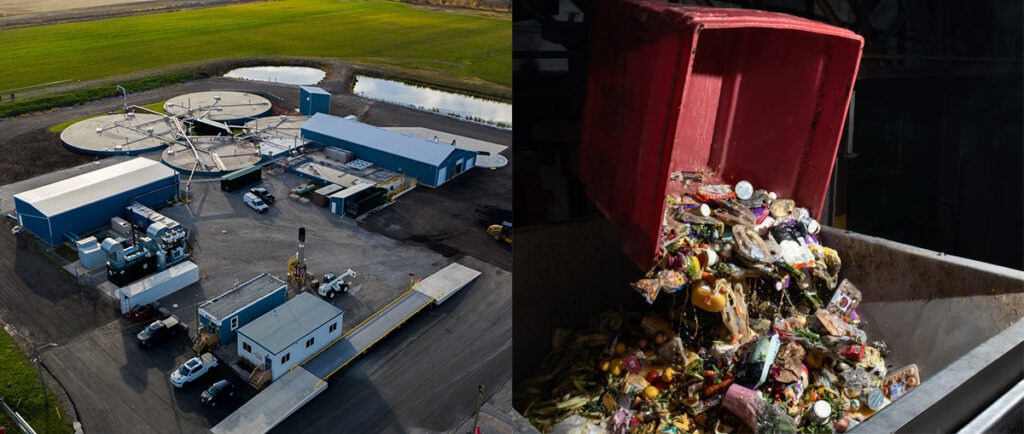 Aerial view of a waste processing facility with large circular tanks, alongside a red bin overflowing with mixed material waste, highlighting waste management practices.