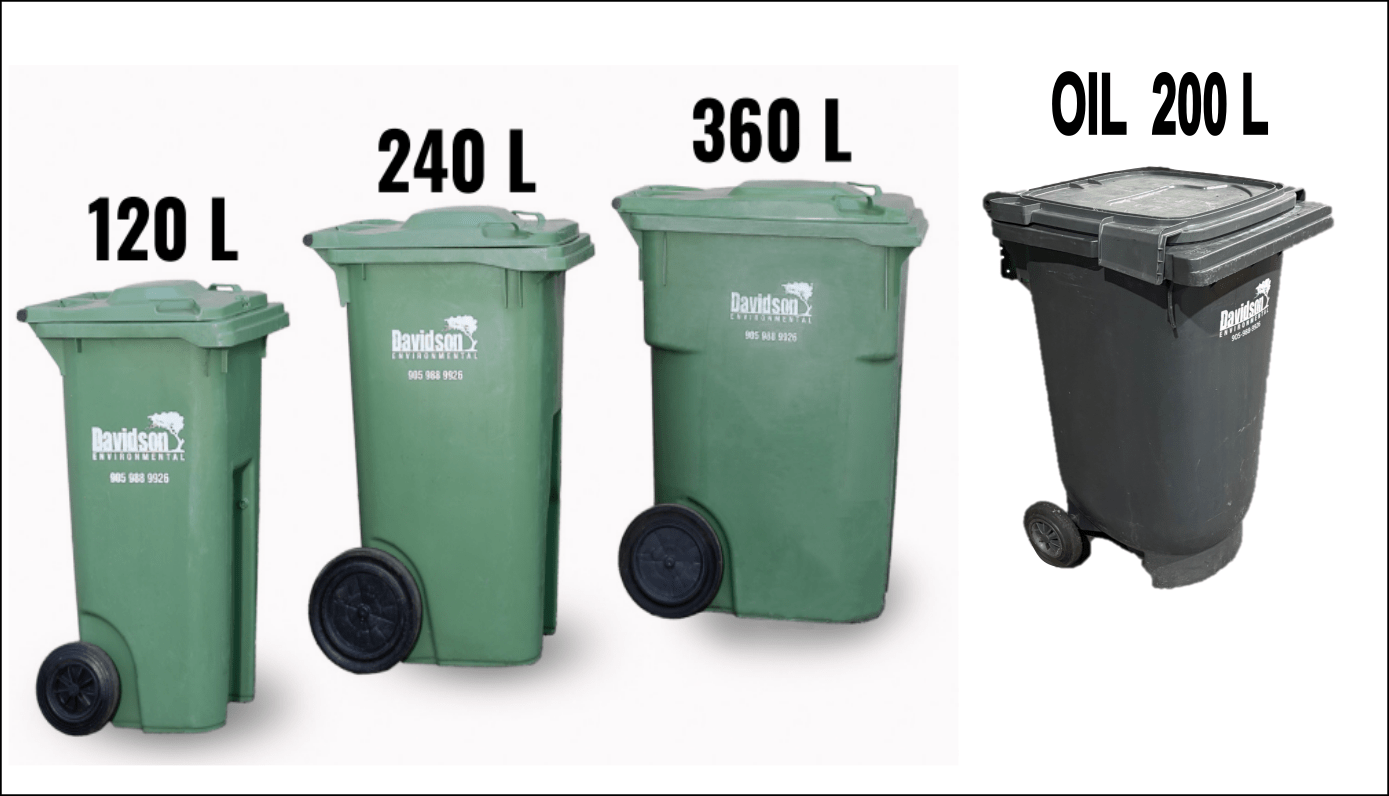 Four waste bins labeled 120L, 240L, 360L, and 200L for oil, showcasing sizes available from Davidson Environmental. Ideal for waste management reference.