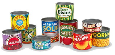 Assorted canned goods featuring labels for green beans, tomato sauce, and tuna fish, representing common pantry staples.