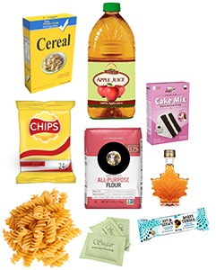 Assorted food items including cereal, chips, apple juice, cake mix, all-purpose flour, pasta, and maple syrup. Suitable for meal preparation.
