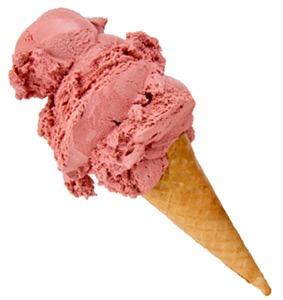 A cone of strawberry ice cream with two generous scoops, showcasing its creamy texture and vibrant pink color, ideal for summer treats.