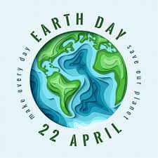 Earth Day poster featuring a stylized globe in green and blue tones. Text reads "Earth Day 22 April" and "make every day save our planet."
