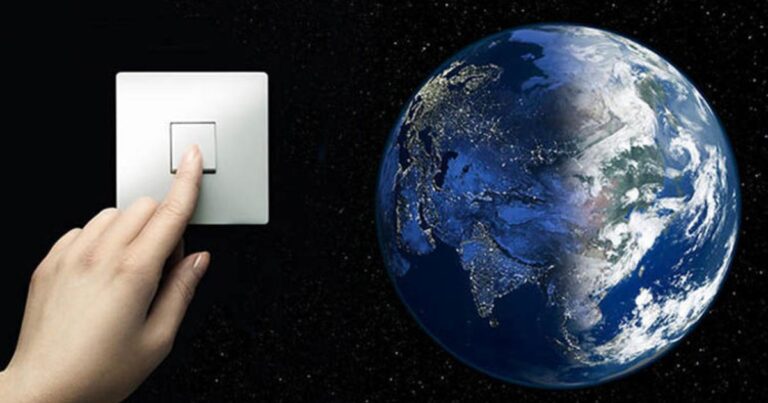 A hand reaching for a light switch beside a glowing Earth, symbolizing the concept of switching on or off environmental awareness.