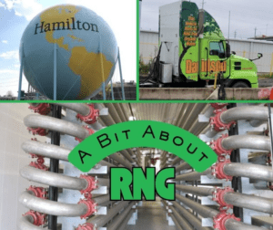 Hamilton's water tower, a RNG-fueled truck, and a network of pipes highlight renewable natural gas initiatives. Relevant for sustainable energy discussions.