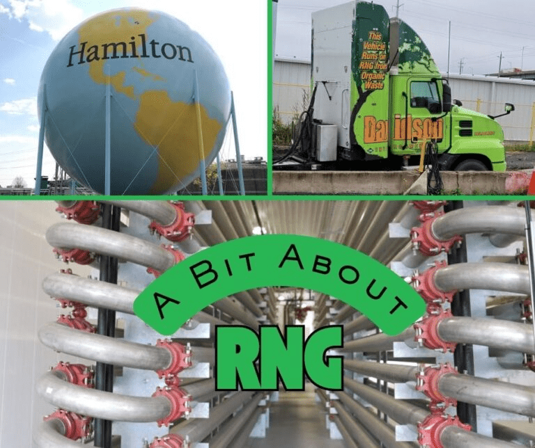 Hamilton's water tower, a RNG-fueled truck, and a network of pipes highlight renewable natural gas initiatives. Relevant for sustainable energy discussions.