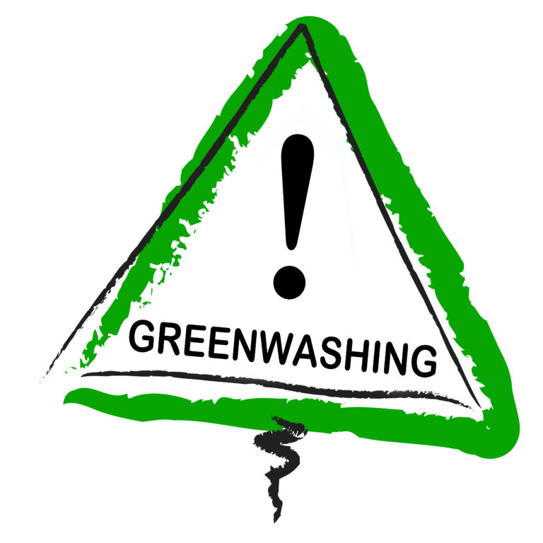 Warning sign for greenwashing, featuring a triangular shape with a green border and a bold black "GREENWASHING" label, emphasizing environmental deception.