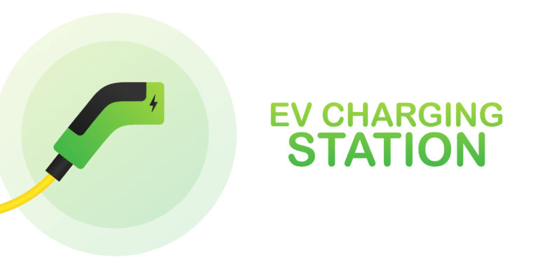 Green EV charging station illustration with a charger and text, highlighting the importance of electric vehicle infrastructure.