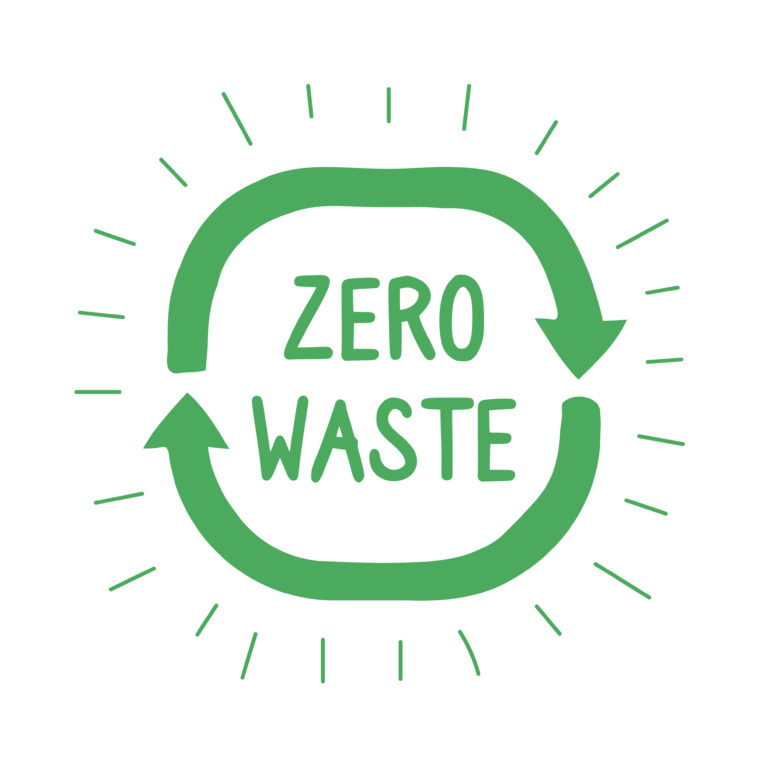 Green "Zero Waste" logo featuring circular arrows, promoting sustainability and waste reduction. Emphasizes eco-friendly practices.