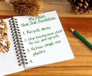 Green New Year resolutions list: recycling more, reusing items, and refusing single-use plastics, encouraging sustainable habits.