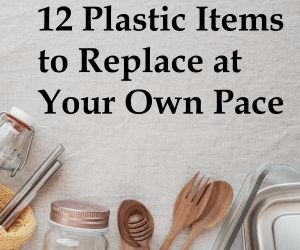 Text list titled "12 Plastic Items to Replace at Your Own Pace" surrounded by kitchen utensils and jars, emphasizing sustainable living choices.