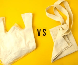 Reusable fabric bag versus single-use plastic bag, highlighting environmental impact and sustainability choices. Bright yellow background enhances contrast.