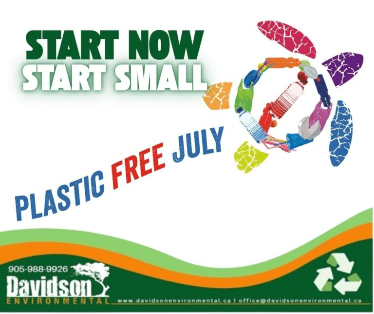 "Promotes Plastic Free July with colorful graphics and the slogan 'Start Now, Start Small' to encourage sustainable practices."