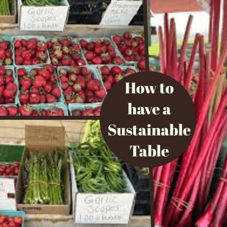 Fresh produce display with strawberries, garlic scapes, and green vegetables, highlighting sustainable eating practices. Text promotes sustainable table tips.