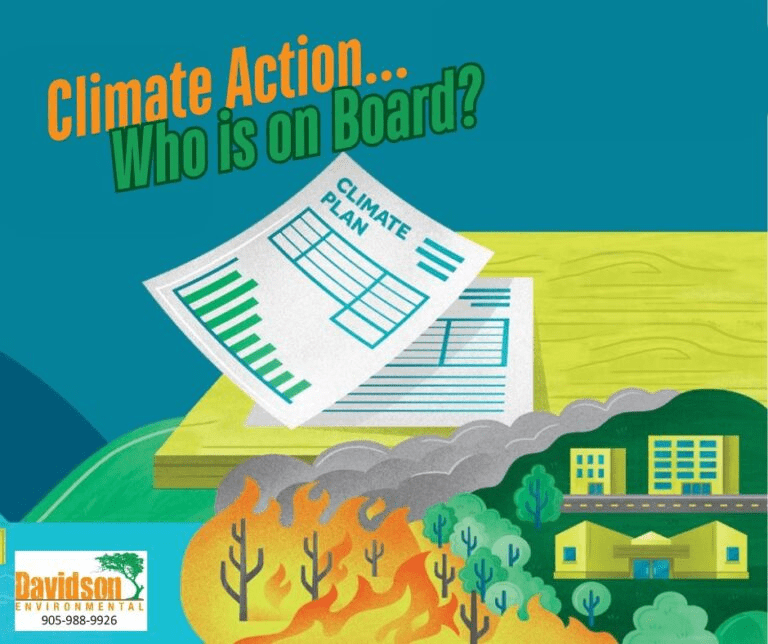 Climate action focus with a "Climate Plan" document on a table, surrounded by environmental imagery and wildfires, highlighting urgency.