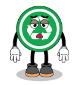 A cartoon character shaped like a green recycling symbol stands with a concerned expression, promoting environmental awareness and recycling habits.