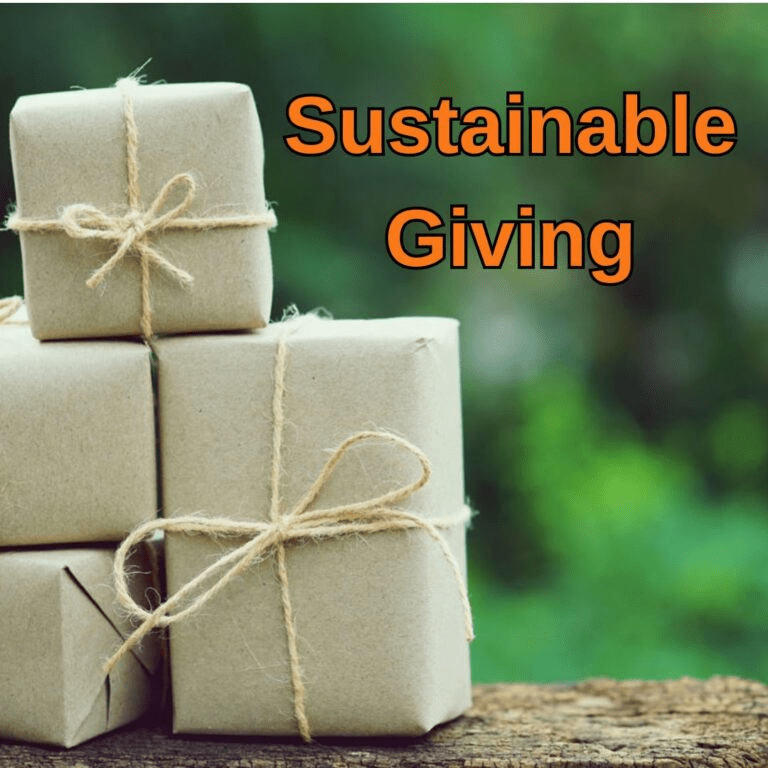 Brown wrapped gifts tied with twine, set against a blurred green background. Text reads "Sustainable Giving," emphasizing eco-friendly gifting practices.