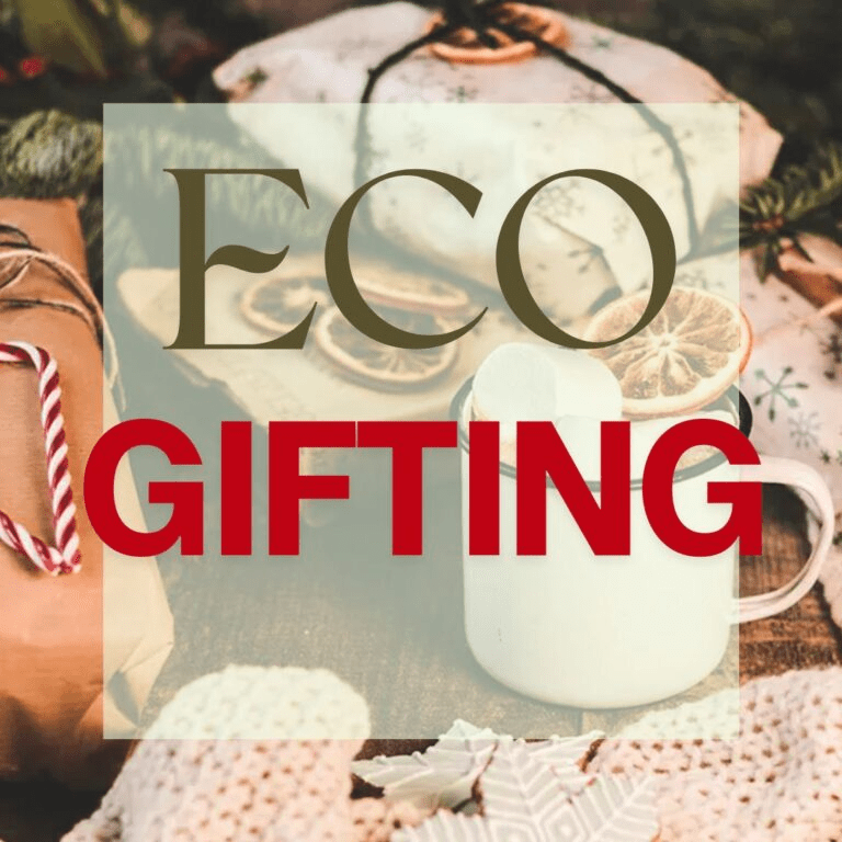 Text overlay reads "ECO GIFTING" on a backdrop of festive gift packaging and a mug, promoting sustainable holiday gifting ideas.