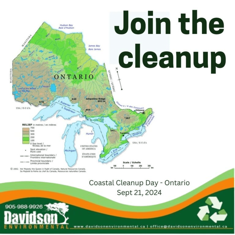 Map of Ontario promoting Coastal Cleanup Day on September 21, 2024, emphasizing environmental awareness and participation.