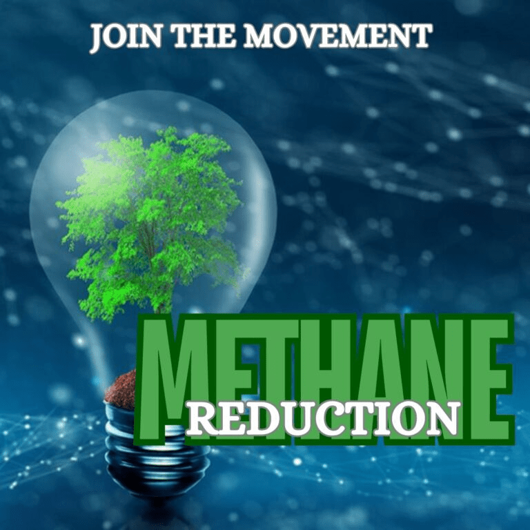Lightbulb with a tree growing inside, symbolizing methane reduction efforts. Text reads "Join the Movement," promoting environmental awareness.