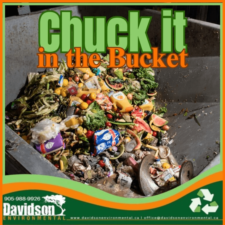 Overflowing container filled with various food waste and trash, promoting composting with the slogan "Chuck it in the Bucket" by Davidson Environmental.