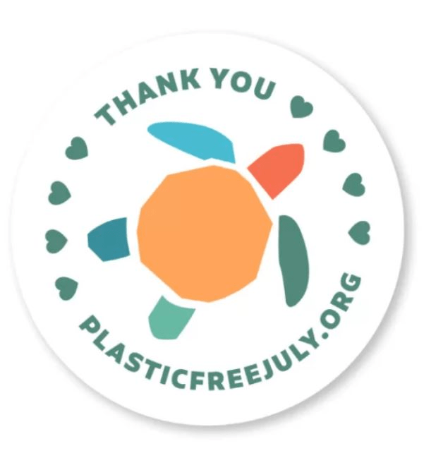 Thank you sticker for Plastic Free July features a stylized turtle with hearts, promoting awareness for reducing plastic use.