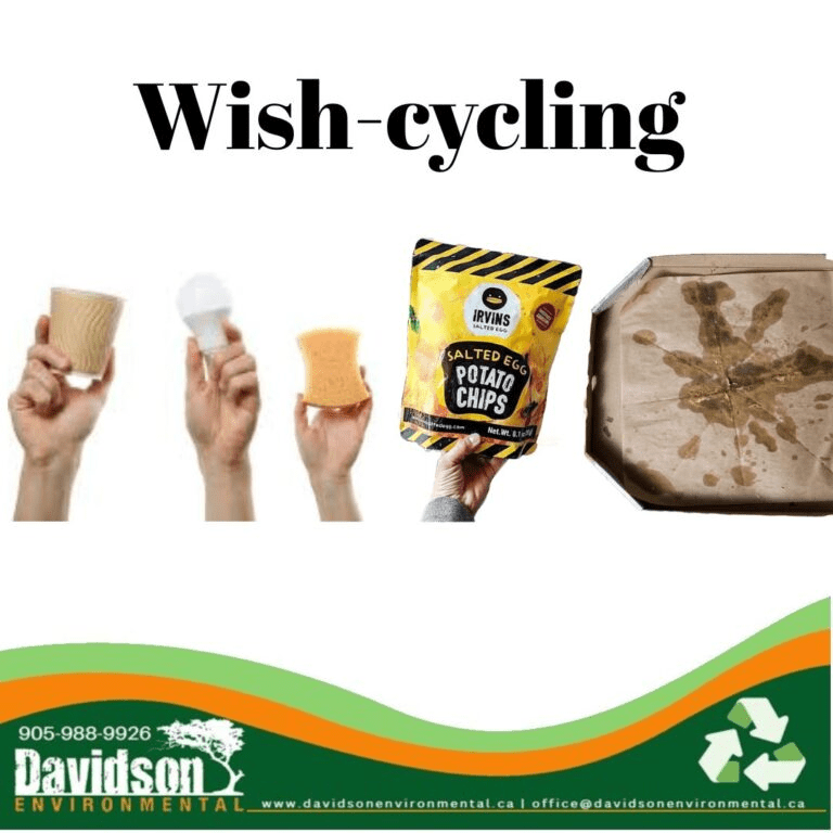 Items representing "wish-cycling," including a cup, sponge, chip bag, and dirty tray, illustrating the confusion in recycling practices.