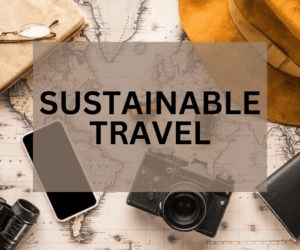 Sustainable travel theme featuring a map, smartphone, camera, and travel accessories, highlighting eco-friendly travel practices.