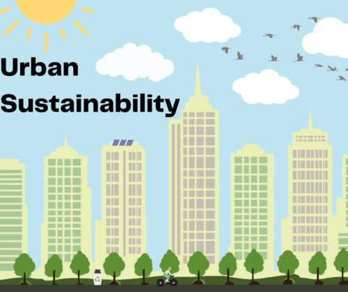Colorful cityscape illustrating urban sustainability, featuring tall buildings, greenery, solar panels, and cycling, with a bright sun and clouds.