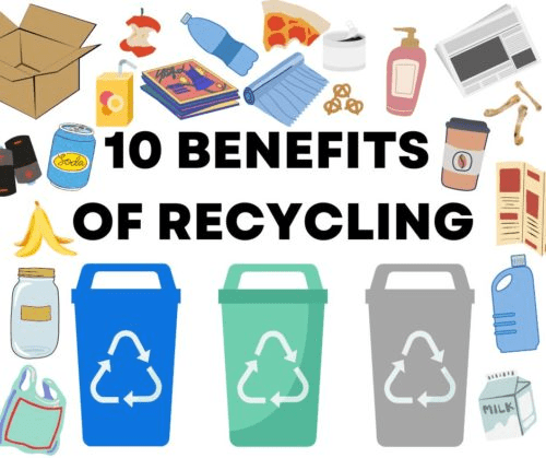 "Graphic highlighting '10 Benefits of Recycling,' featuring various recyclable items and bins, emphasizing environmental education and sustainability."