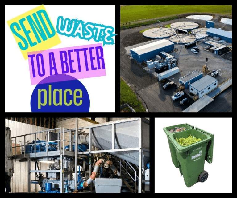 "Promote waste management with a colorful message, aerial facility view, processing equipment, and a green compost bin for organic waste."