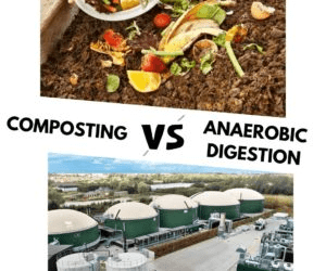 Comparison of composting and anaerobic digestion. The top half shows food waste and compost, while the bottom displays a facility for anaerobic digestion.