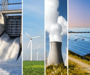 Four energy sources are depicted: a hydroelectric dam releasing water, wind turbines in a field, a cooling tower emitting steam, and solar panels at sunset.