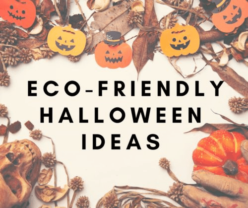 Eco-friendly Halloween ideas are displayed against a backdrop of autumn leaves, pumpkins, and festive decorations, promoting sustainable celebrations.