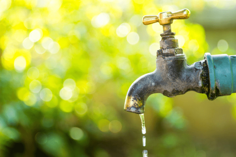 A metal faucet drips water against a blurred green background, symbolizing gardening or water conservation themes.