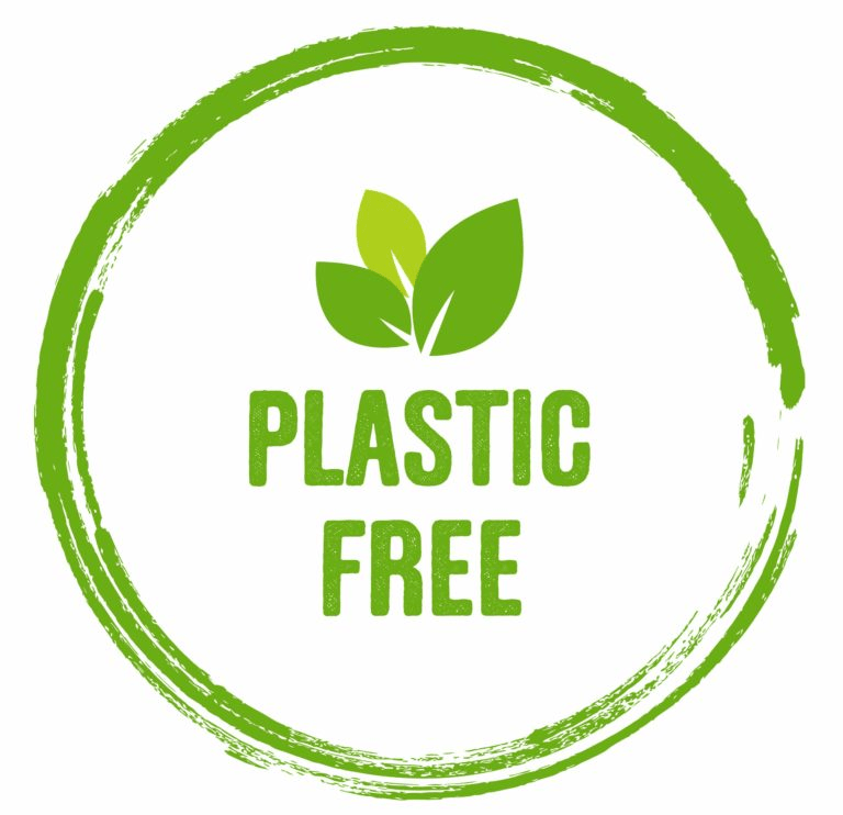 Green "Plastic Free" logo featuring leaves, symbolizing environmental sustainability and a commitment to reducing plastic use.