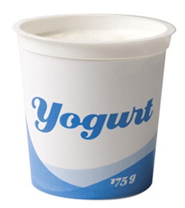 Yogurt container with a blue and white design, labeled "Yogurt," showcasing a 175g serving size. Ideal for healthy snacks or breakfast options.